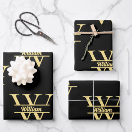 白黒金ゴールドモノグラム | エレガントイニシャルスクリプト ラッピングペーパーシート