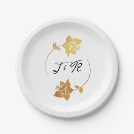 白黒金ゴールドリースモノグラムイニシャルフローラ ペーパープレート