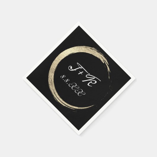 白黒金ゴールドリースモノグラムイニシャル日付 スタンダードカクテルナプキン (角)