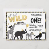 白黒金ゴールドワイルドワンパーティー動物誕生日 招待状 (正面)
