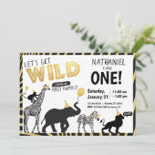 白黒金ゴールドワイルドワンパーティー動物誕生日 招待状 (スタンド正面)