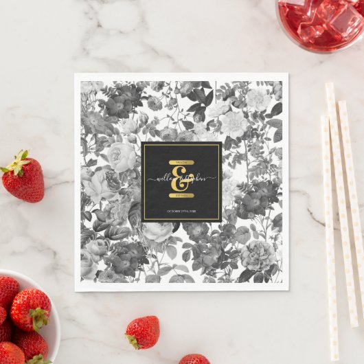 白黒金ゴールドヴィンテージフローラモノグラム結婚ズ スタンダードランチョンナプキン (インサイチュ)