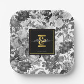 白黒金ゴールドヴィンテージフローラモノグラム結婚ズ ペーパープレート (正面)