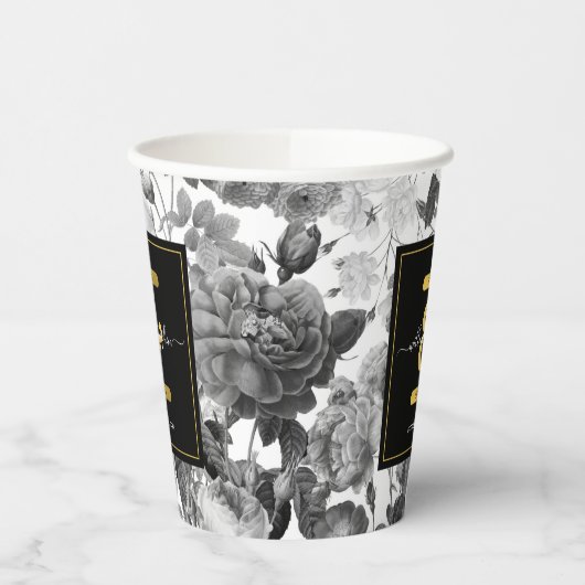 白黒金ゴールドヴィンテージフローラモノグラム結婚ズ 紙コップ (左)