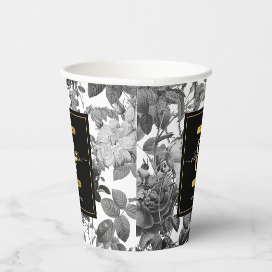 白黒金ゴールドヴィンテージフローラモノグラム結婚ズ 紙コップ (右)