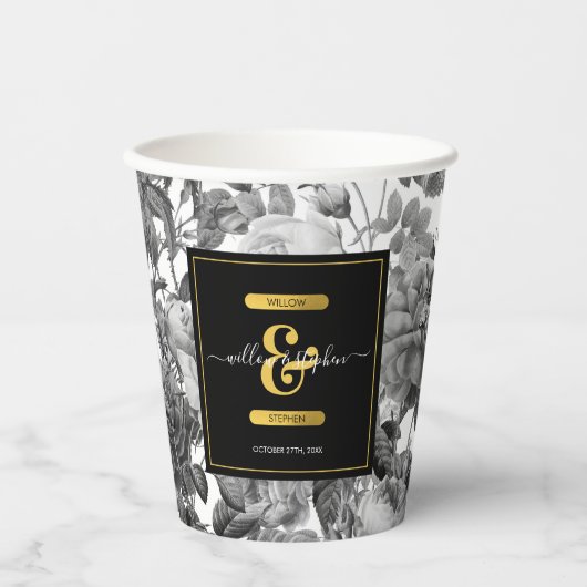 白黒金ゴールドヴィンテージフローラモノグラム結婚ズ 紙コップ (正面)
