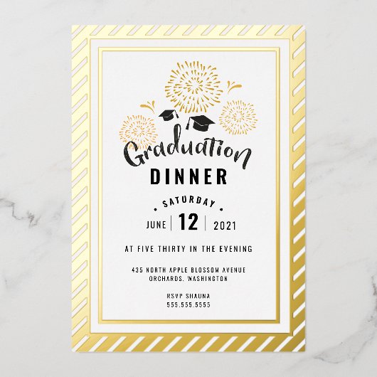 白黒金ゴールド卒業お祝いパーティー 箔招待状 (正面)