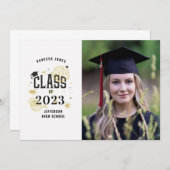 白黒金ゴールド卒業お祝い発表 招待状 (正面/裏面)