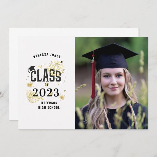 白黒金ゴールド卒業お祝い発表 招待状 (正面/裏面)