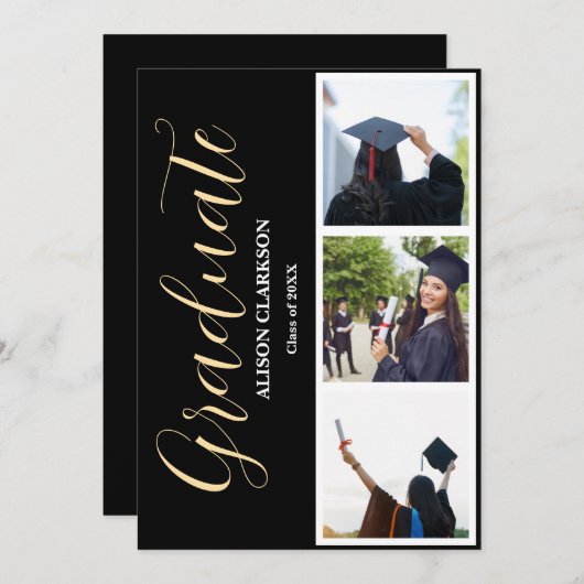 白黒金ゴールド卒業2025 3枚の写真パーティー 招待状 (正面/裏面)