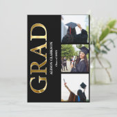 白黒金ゴールド卒業2025 3枚の写真パーティー 招待状 (スタンド正面)