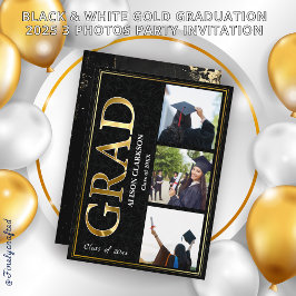 白黒金ゴールド卒業2025 3枚の写真パーティー 招待状