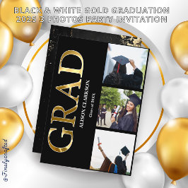 白黒金ゴールド卒業2025 3枚の写真パーティー 招待状