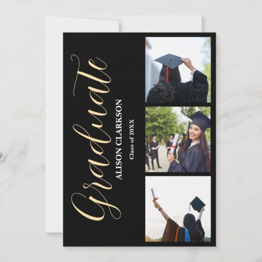 白黒金ゴールド卒業2025 3枚の写真パーティー 招待状 (正面)