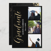 白黒金ゴールド卒業2025 3枚の写真パーティー 招待状 (正面/裏面)