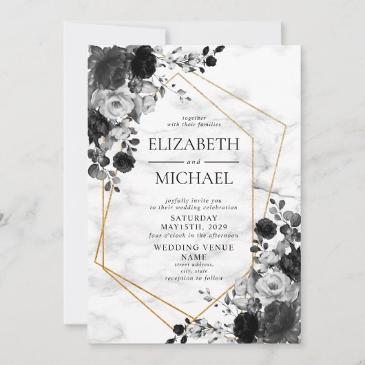 白黒金ゴールド幾何大理石フローラ結婚ズ 招待状 (正面)
