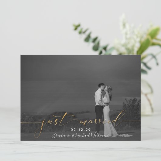 白黒金ゴールド書道たった今結婚しました写真 招待状 (スタンド正面)