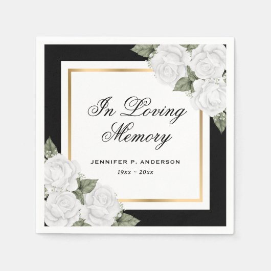 白黒金ゴールド水カラーフローラメモリ葬儀 スタンダードカクテルナプキン (正面)