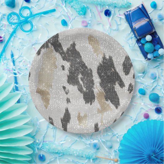 白黒金ゴールド牛アニマルプリントスパークル誕生日 ペーパープレート (パーティー)