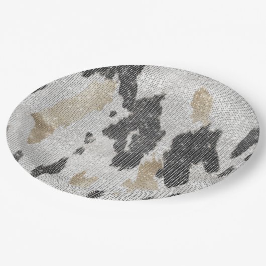 白黒金ゴールド牛アニマルプリントスパークル誕生日 ペーパープレート (アングル)