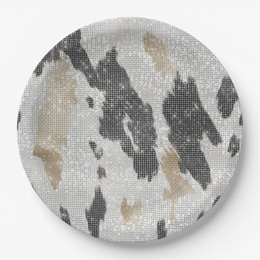 白黒金ゴールド牛アニマルプリントスパークル誕生日 ペーパープレート (正面)