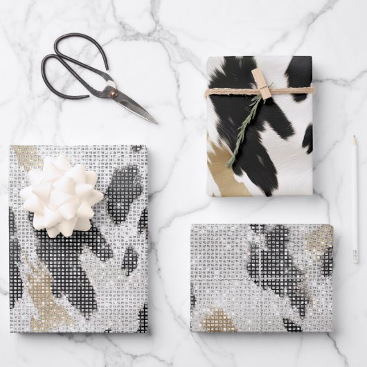 白黒金ゴールド牛アニマルプリントスパークル ラッピングペーパーシート (正面)