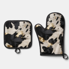 白黒金ゴールド牛革 鍋つかみ&鍋敷きセット