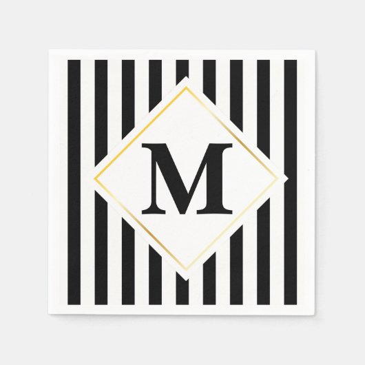 白黒金ゴールド白ストライプモノグラム スタンダードカクテルナプキン (正面)