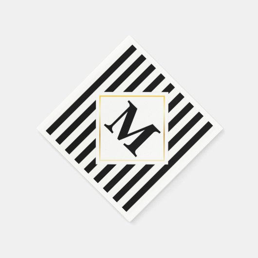 白黒金ゴールド白ストライプモノグラム スタンダードカクテルナプキン (角)