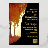 白黒金ゴールド秋QRコード結婚式招待状 箔シーズンカード (正面)