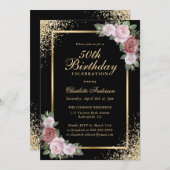 白黒金ゴールド紙吹雪赤面フローラ50誕生日 招待状 (正面/裏面)