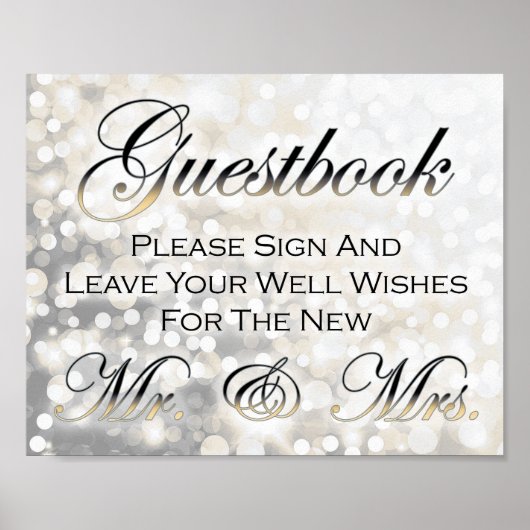 白黒金ゴールド結婚のゲストブックサイン ポスター (正面)