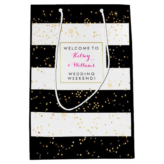 白黒金ゴールド結婚ズアウトタウンゲストウェルカム ミディアムペーパーバッグ (正面)