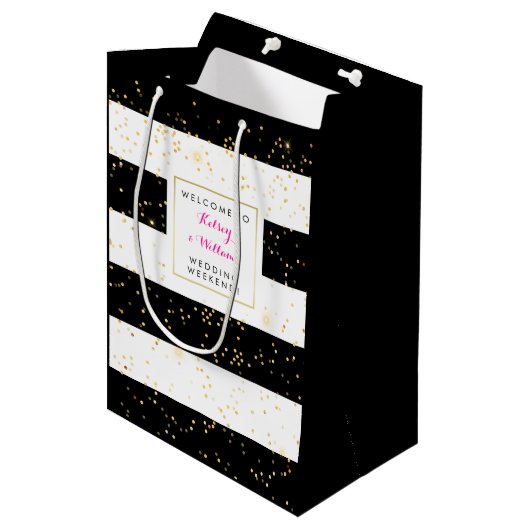 白黒金ゴールド結婚ズアウトタウンゲストウェルカム ミディアムペーパーバッグ (正面アングル)