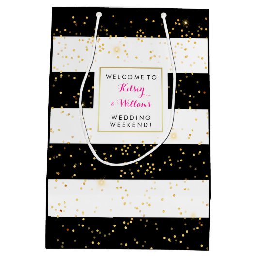 白黒金ゴールド結婚ズアウトタウンゲストウェルカム ミディアムペーパーバッグ (裏面)