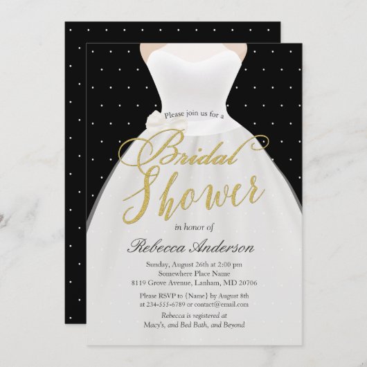 白黒金ゴールド結婚ズドレスブライダルシャワー 招待状 (正面/裏面)