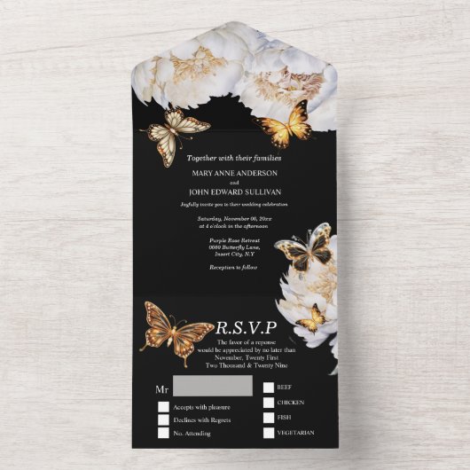 白黒金ゴールド蝶の牡丹結婚花 オールインワン招待状 (内側)