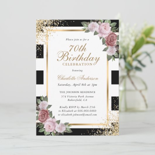 白黒金ゴールド赤面ピンクフローラ70誕生日 招待状 (スタンド正面)