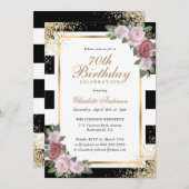 白黒金ゴールド赤面ピンクフローラ70誕生日 招待状 (正面/裏面)