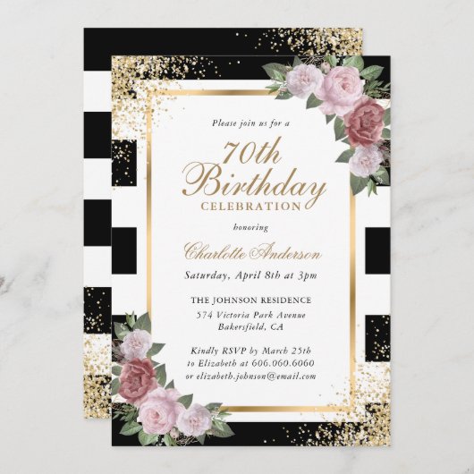 白黒金ゴールド赤面ピンクフローラ70誕生日 招待状 (正面/裏面)