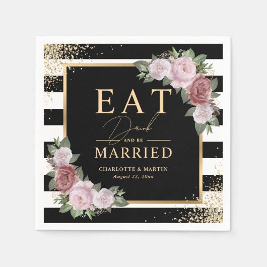 白黒金ゴールド赤面ピンク結婚フローラ スタンダードカクテルナプキン (正面)