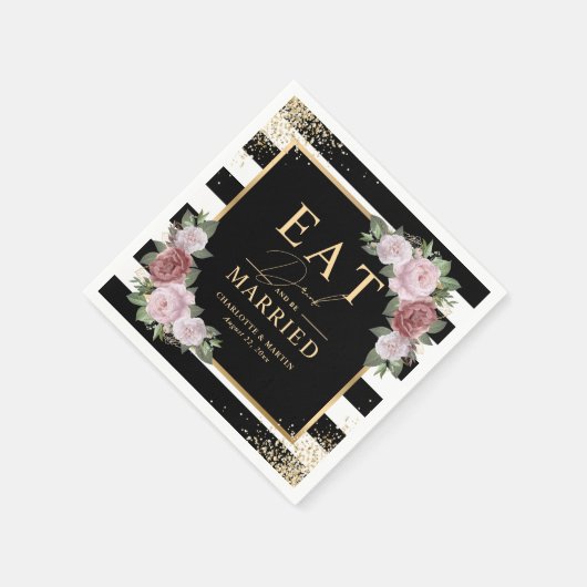 白黒金ゴールド赤面ピンク結婚フローラ スタンダードカクテルナプキン (角)