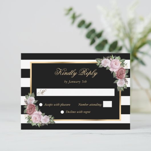 白黒金ゴールド赤面ピンク結婚フローラ 出欠カード (スタンド正面)