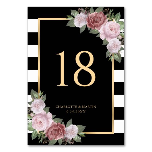 白黒金ゴールド赤面フローラテーブル番号カード テーブルナンバー (正面)