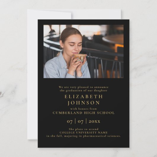 白黒金ゴールド5写真の卒業発表 招待状 (裏面)