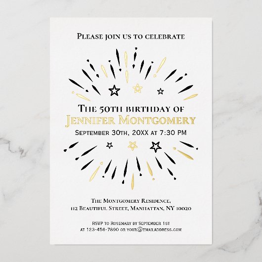 白黒金ゴールド50th誕生日パーティー花火 箔招待状 (正面)
