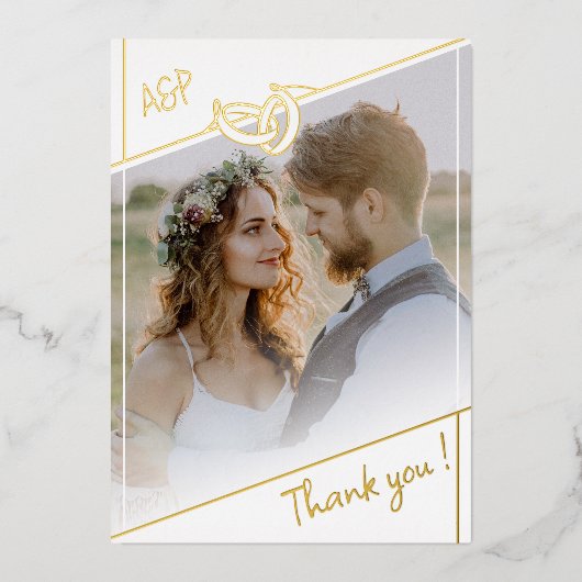 白黒金結婚箔の写真サンキューカード 箔招待状 (正面)