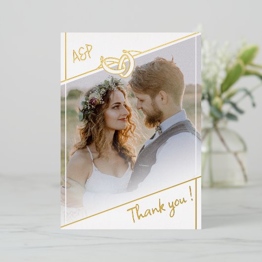 白黒金結婚箔の写真サンキューカード 箔招待状 (立ち正面)