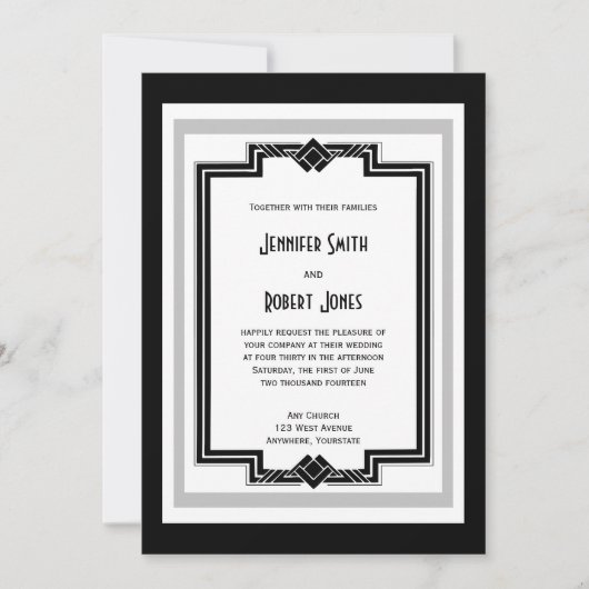 白黒銀アールデコ結婚式招待状 招待状 (正面)