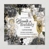 白黒銀バラみすぼらしいシックな泡状グリッター 招待状 (正面/裏面)